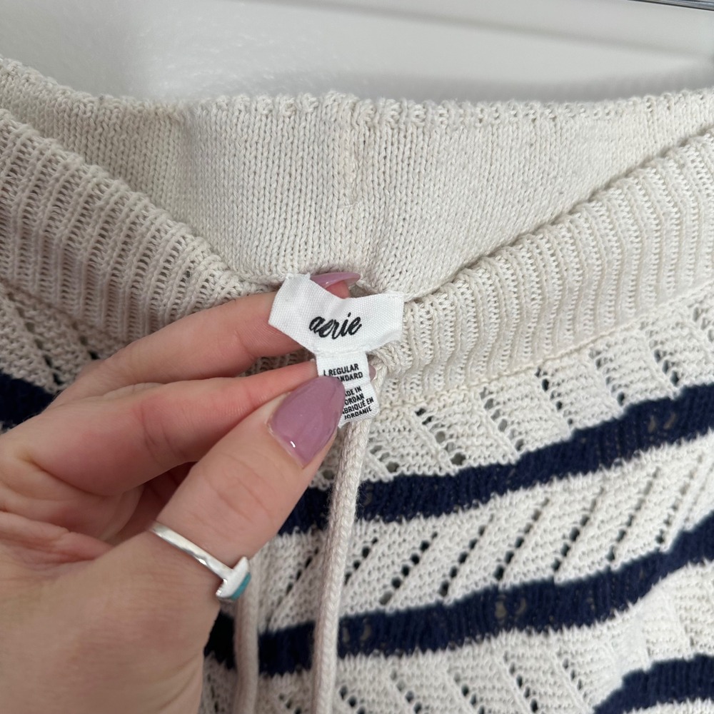 Aerie Women's Cream Navy Striped Knit Wide Leg Lounge Pants Size Medium - Picture 4 of 8